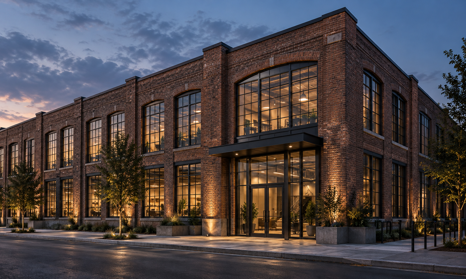 Illustrative concept image of a restored brick industrial building at early evening