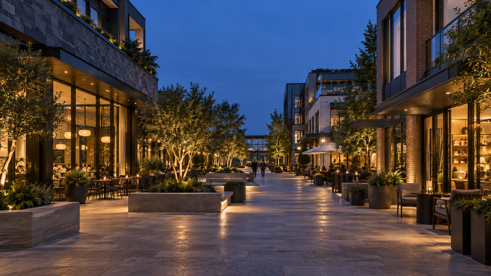 Illustrative concept image of a pedestrian-oriented mixed-use plaza at blue hour