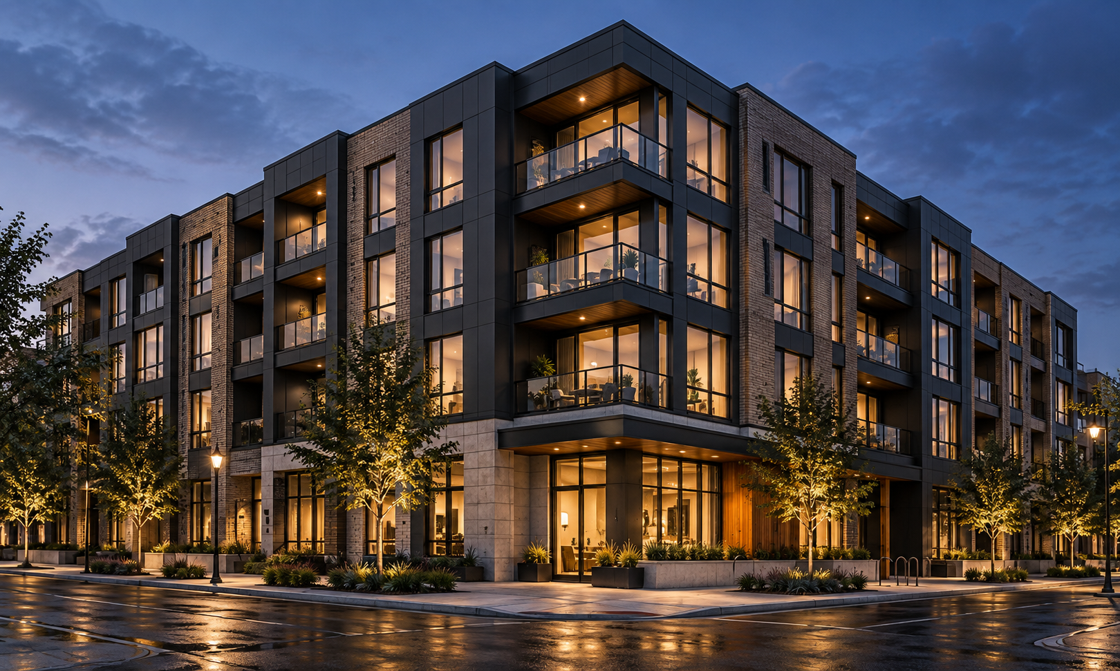 Illustrative concept image of a contemporary multi-family residential building at blue hour